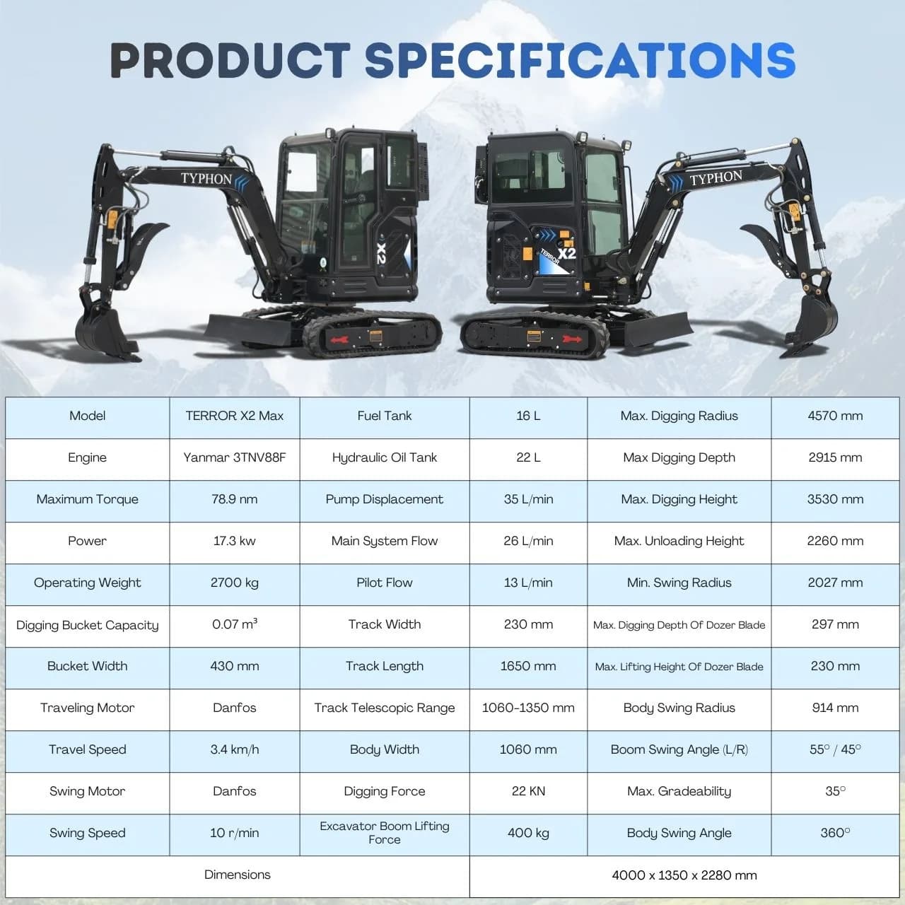 TYPHON TERROR X2 MAX 2.7-Ton Mini Excavator Powerful, Yanmar Engine, Cabin with A/C & Heater, Pilot Control, Boom Swing View 2