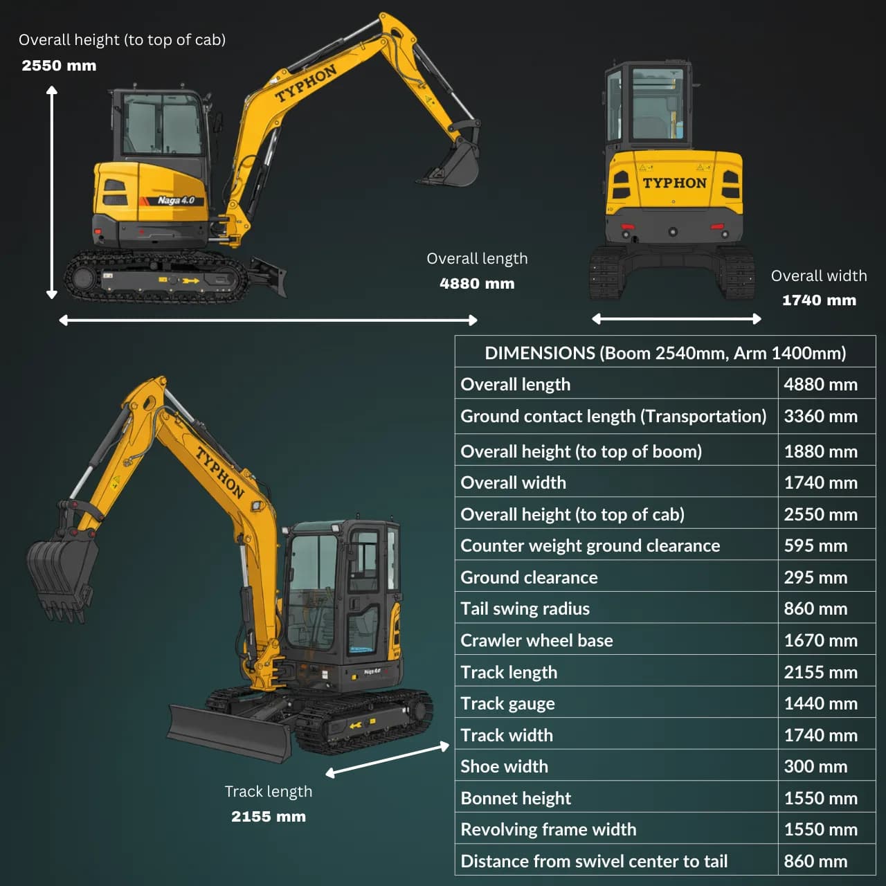 TYPHON NAGA 4.0 Mini Excavator with 4 Ton 24.4hp Yanmar Diesel Engine Metal Track ISO SAE control switch, AC Heater Cabin, 2 Travel Speed View 2