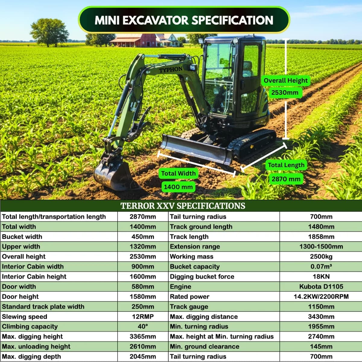 TYPHON TERROR XXV Diesel Mini Excavator 2.7 Ton, 25.1 hp Kubota D1105 RetractableTracks, AC Cabin View 2