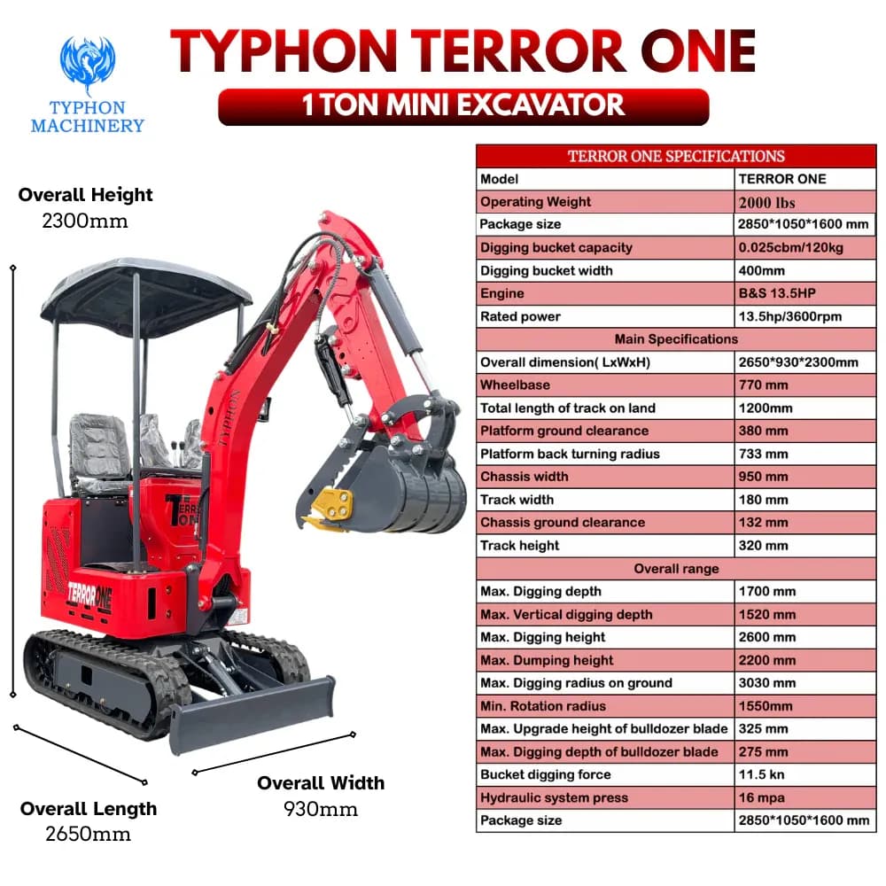 TYPHON TERROR ONE STORM 1 Ton Mini Excavator Trench Digger with Hydraulic Oil Cooler Canopy & Wide Bucket Ideal for Garden, Farm, Park & Road Work Digging, Drilling, Bull-Dozing View 2
