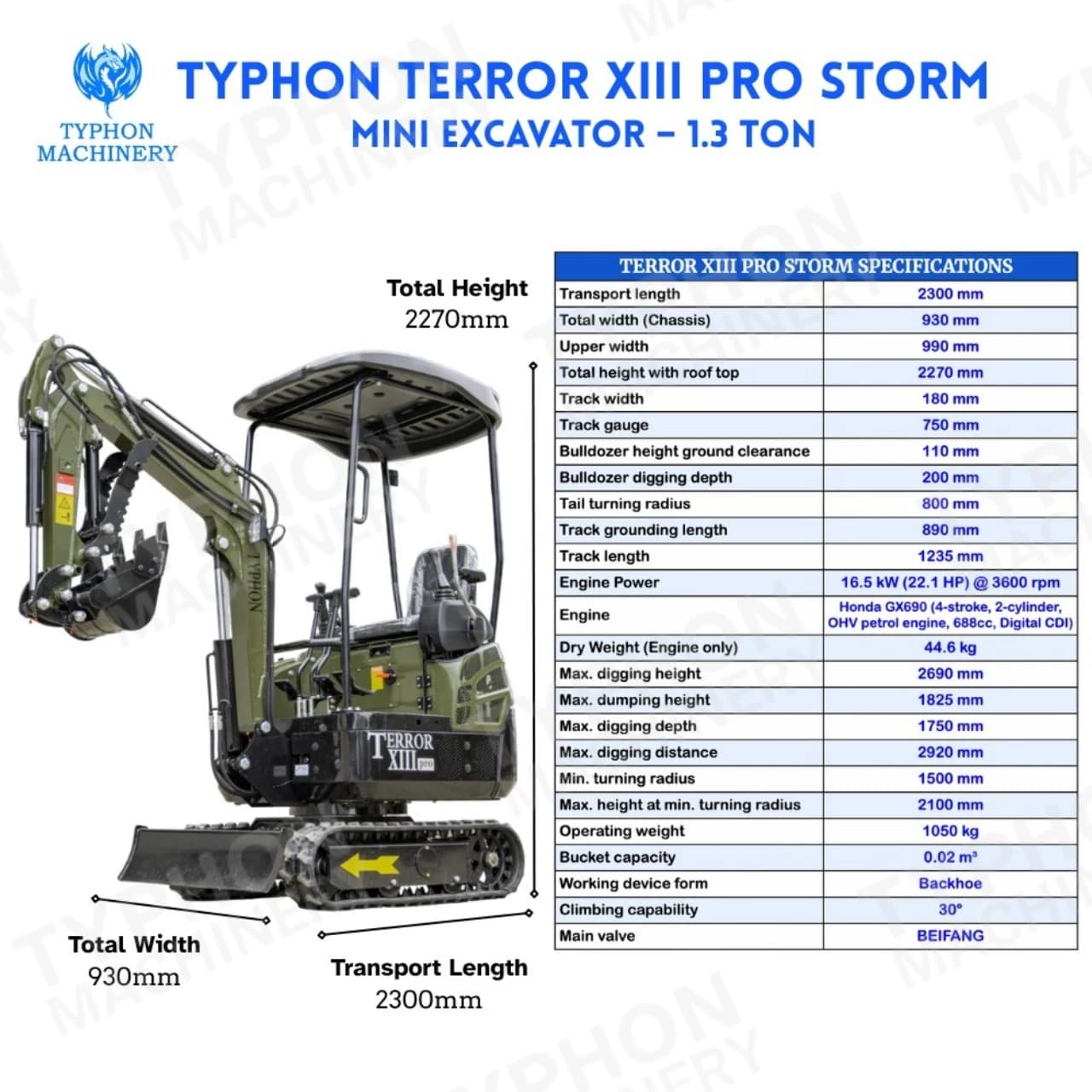TYPHON TERROR XIII PRO Mini Excavator – 1.3 Ton Trench Digger with Canopy, Hydraulic Thumb Clip, 22.1hp Honda Engine USA View 2