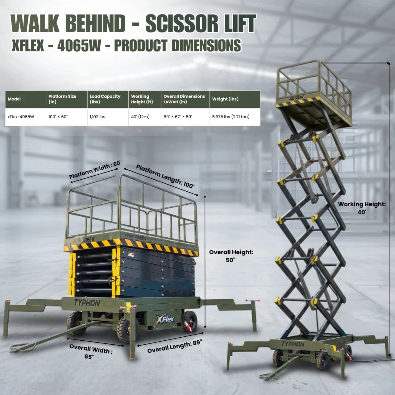 TYPHON xFlex-4065W Walk-Behind Scissor Lift 2.7 Ton with Assisted Walking, Manual outriggers of 40 ft lifting Height & 110V Electric View 2