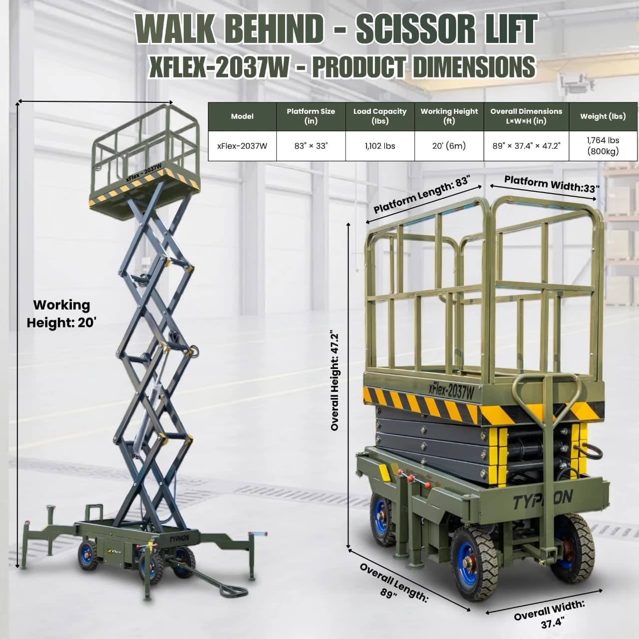 TYPHON xFlex-2037W Walk-Behind Scissor Lift comes with 20ft Working Height and Manual outriggers 1102 lbs load capacity 110V Electric View 2