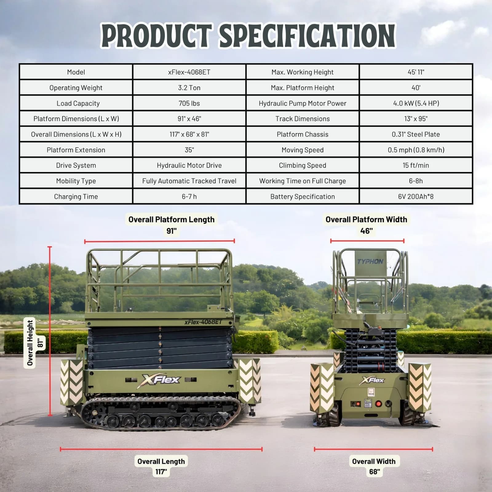 TYPHON xFlex-4068ET Electric Rubber Track Scissor Lift 3.2 Ton with 5.4HP Hydraulic Pump Motor Drive and Hydraulic Lifting Cylinder, 40 ft Max Lifting Height View 2